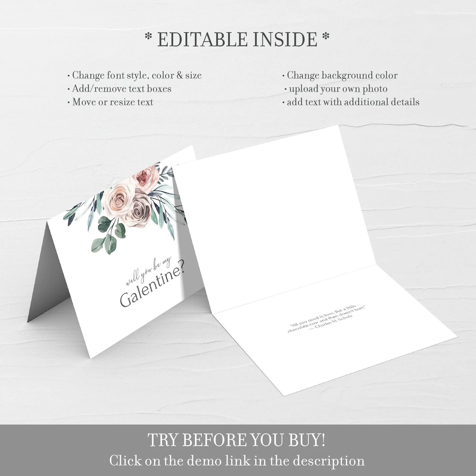 Boho Rose Be My Galentines Day Card Template, Printable Galentines Day Card, Editable INSTANT DOWNLOAD - BR100