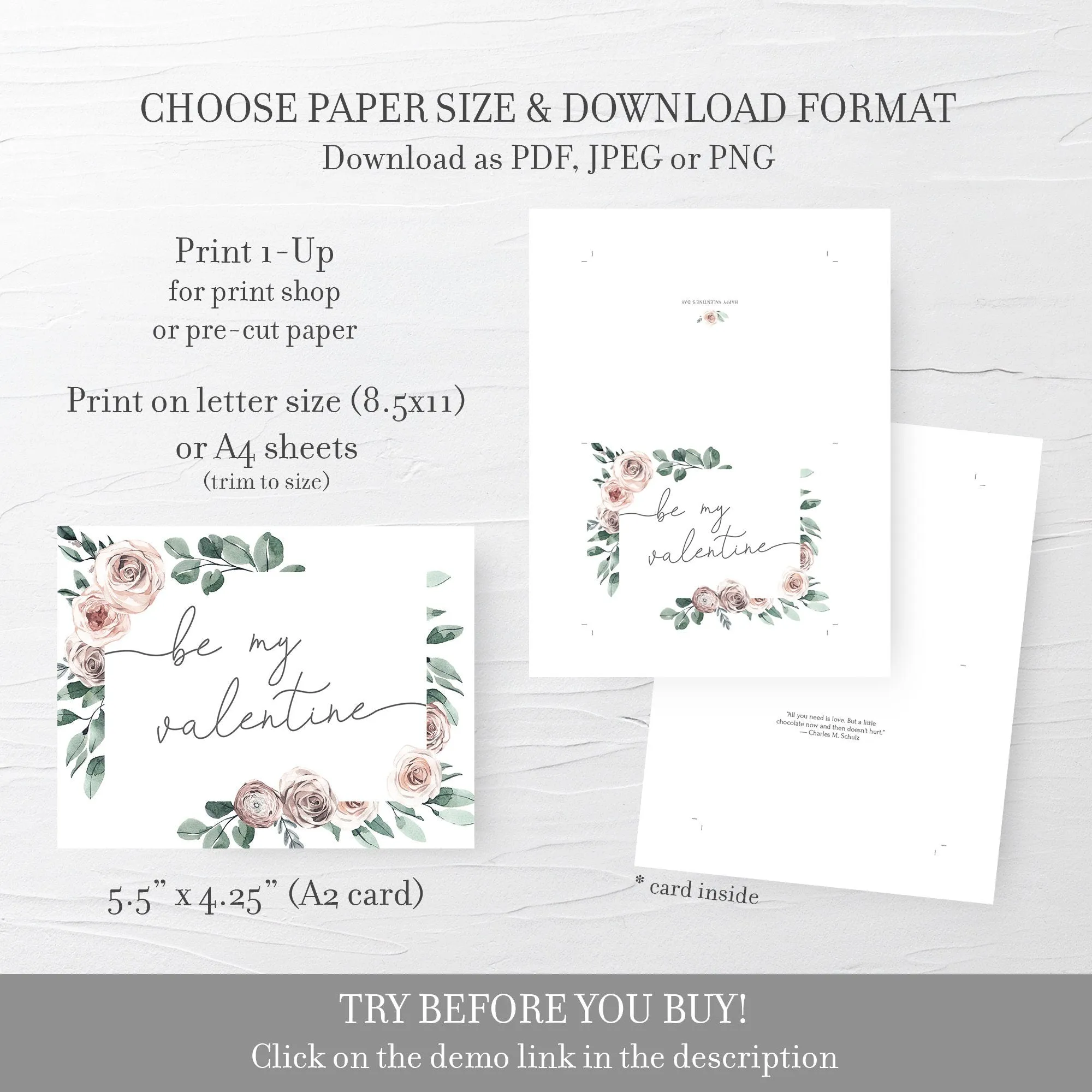 Boho Rose Be My Valentine Card Template, Printable Valentines Card, Editable INSTANT DOWNLOAD - BR100
