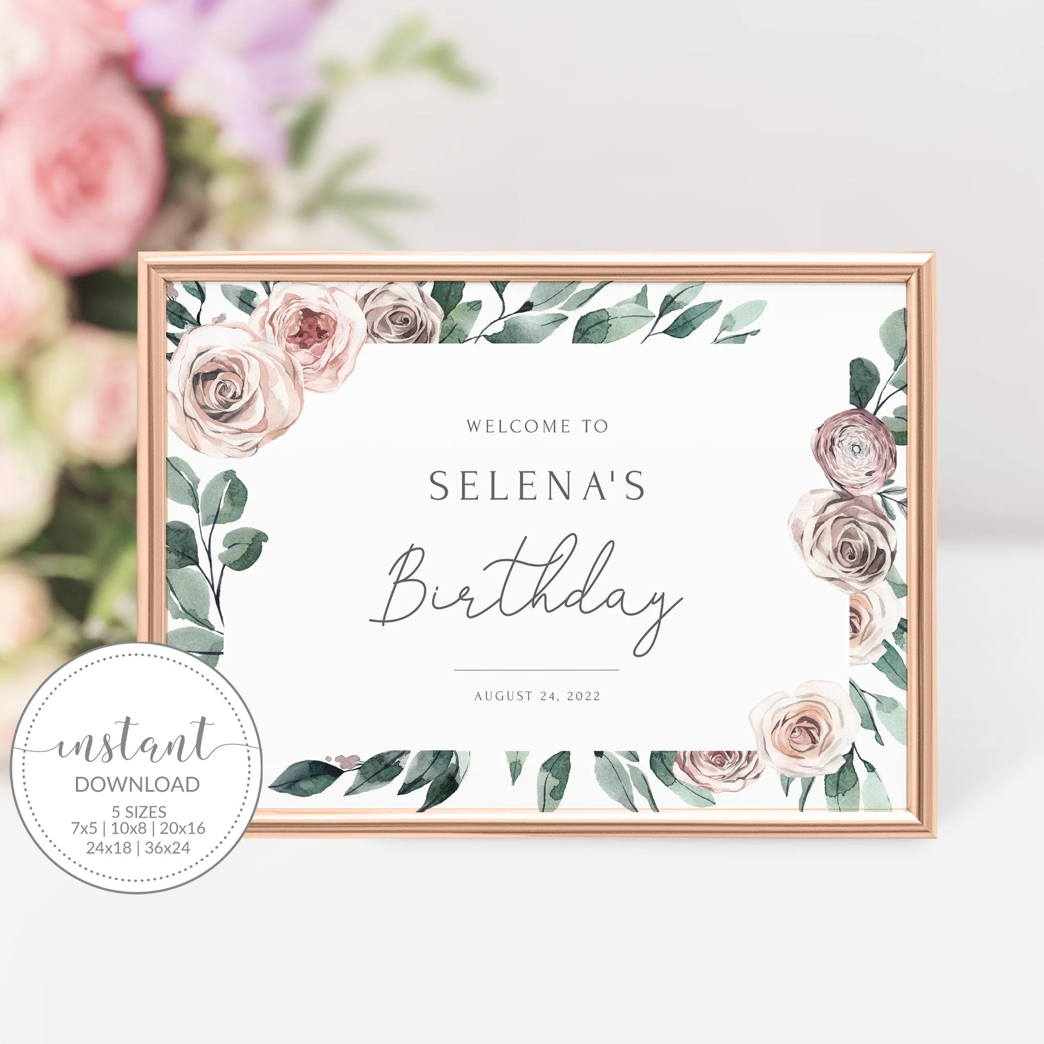 Boho Rose Birthday Party Welcome Sign Template, Printable Large Welcome Sign, Editable INSTANT DOWNLOAD - BR100