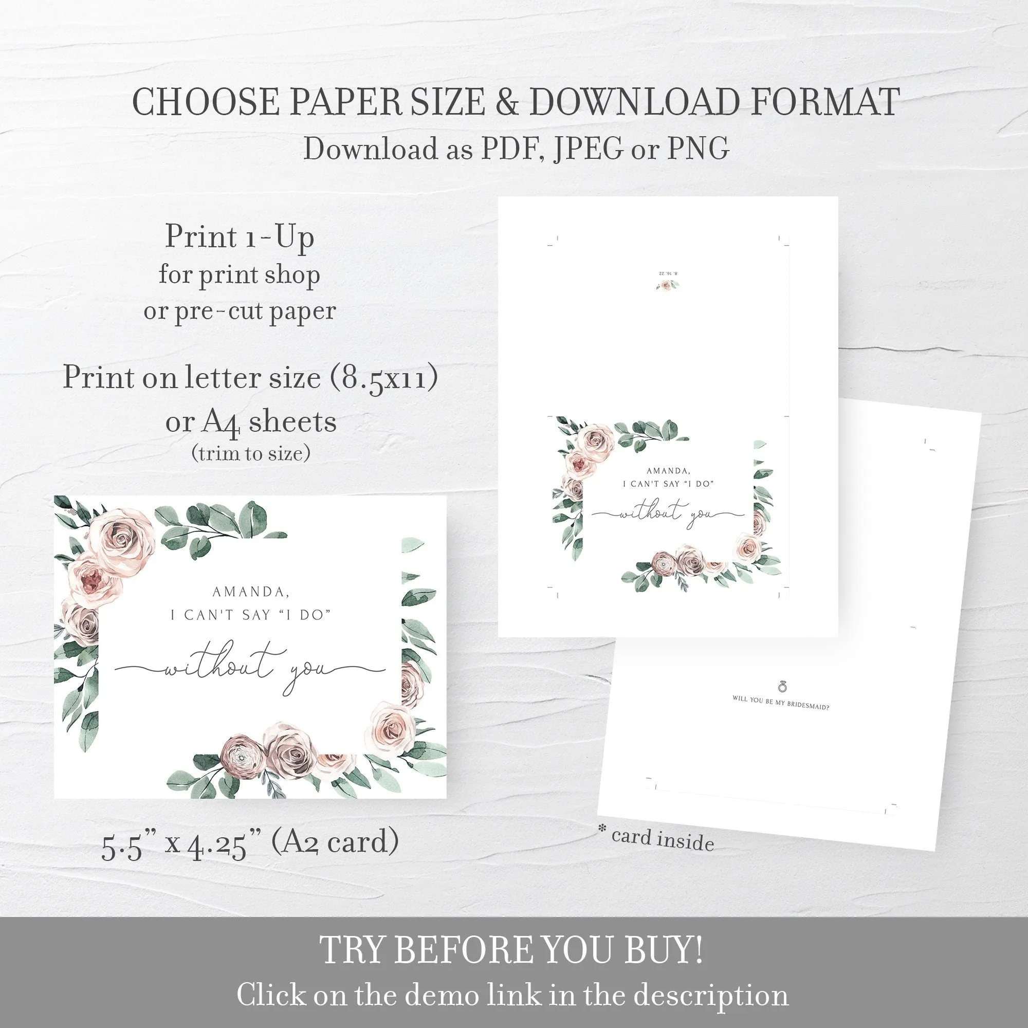Boho Rose Bridesmaid Proposal Card Template, Printable Can't Say I Do Without You Bridesmaid Card, Editable INSTANT DOWNLOAD, A2 Size - BR100
