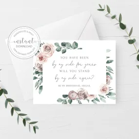 Boho Rose Bridesmaid Proposal Card Template, Printable Stand By My Side Bridesmaid Card, Editable INSTANT DOWNLOAD, A2 Size - BR100