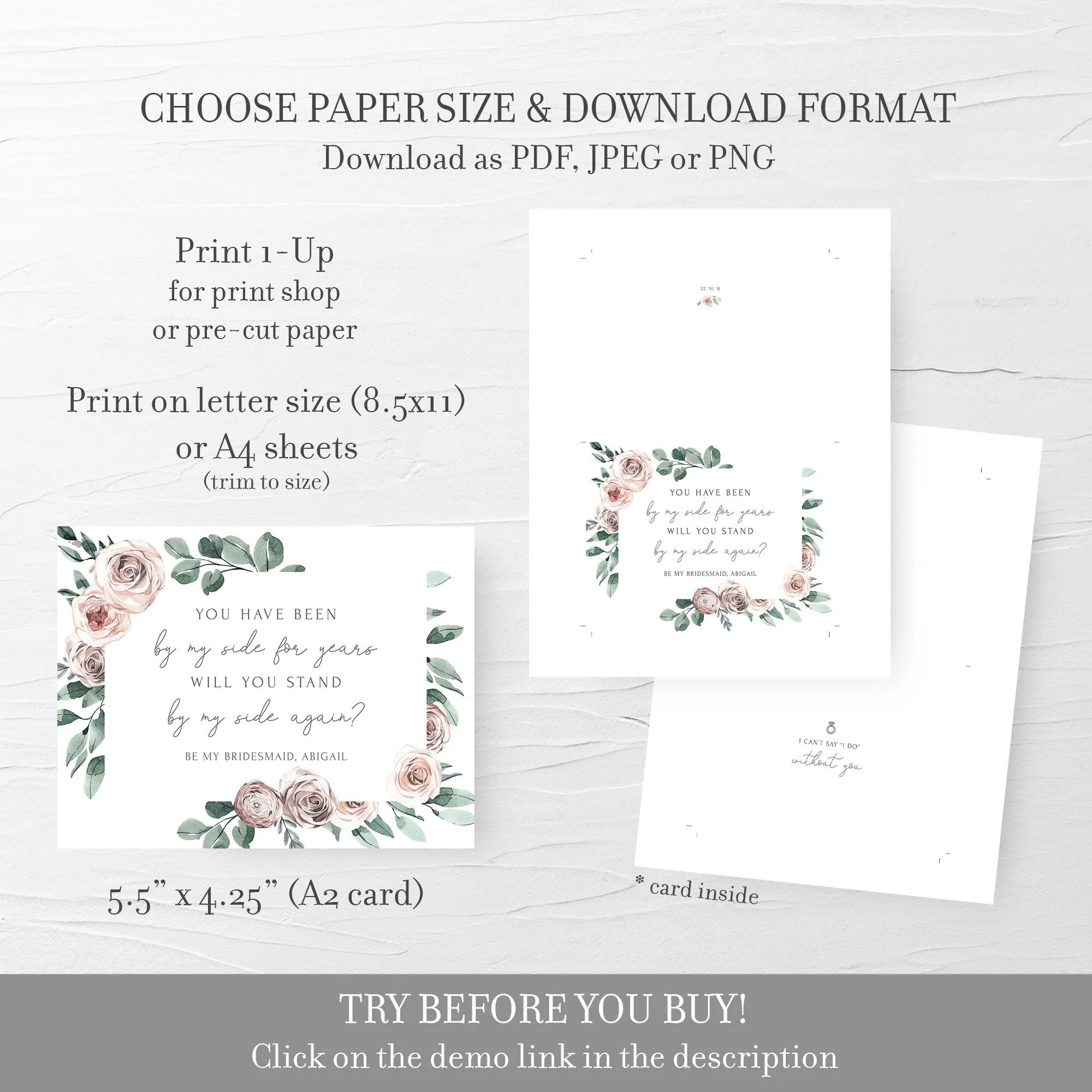 Boho Rose Bridesmaid Proposal Card Template, Printable Stand By My Side Bridesmaid Card, Editable INSTANT DOWNLOAD, A2 Size - BR100