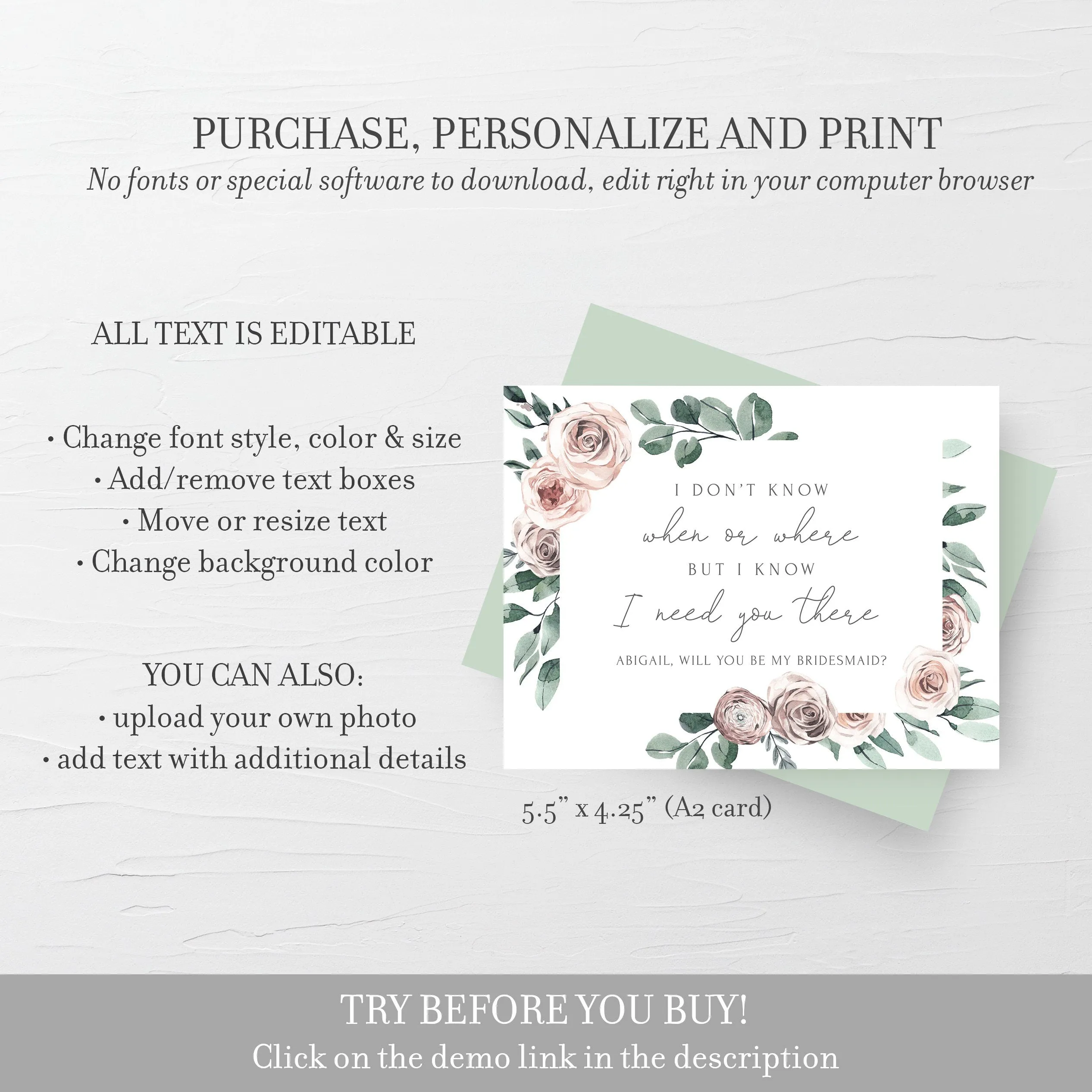 Boho Rose Funny Bridesmaid Proposal Card Template, Printable Need You There Bridesmaid Card, Editable INSTANT DOWNLOAD, A2 Size - BR100