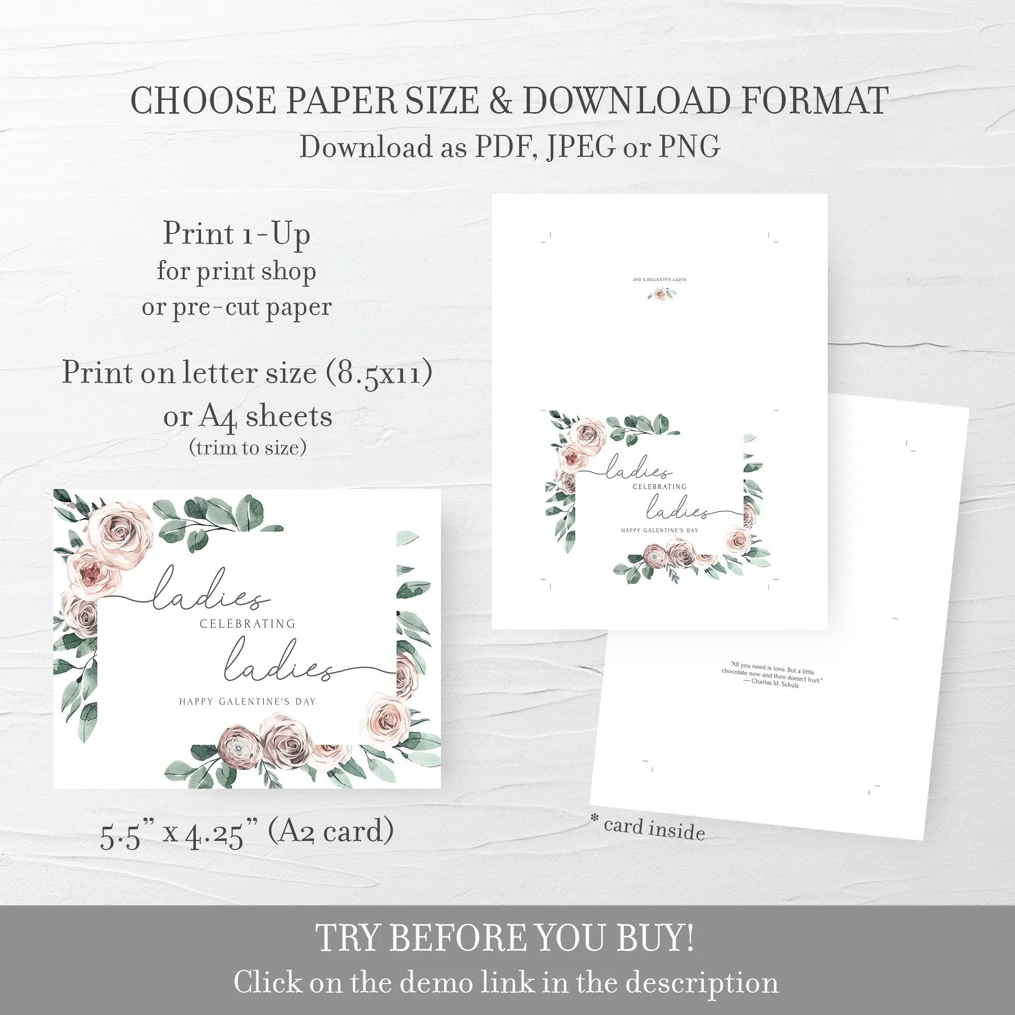 Boho Rose Ladies Celebrating Ladies Card Template, Printable Galentines Day Card, Editable INSTANT DOWNLOAD - BR100