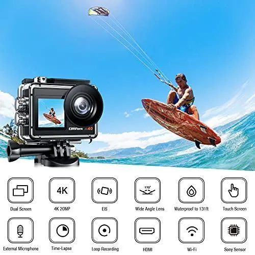 Campark Action Camera 4K 20MP Dual Screen EIS WiFi 40M Waterproof Underwater Vlogging Camera Men Gifts with Accessories Kit Compatible with Gopro Hero Camera