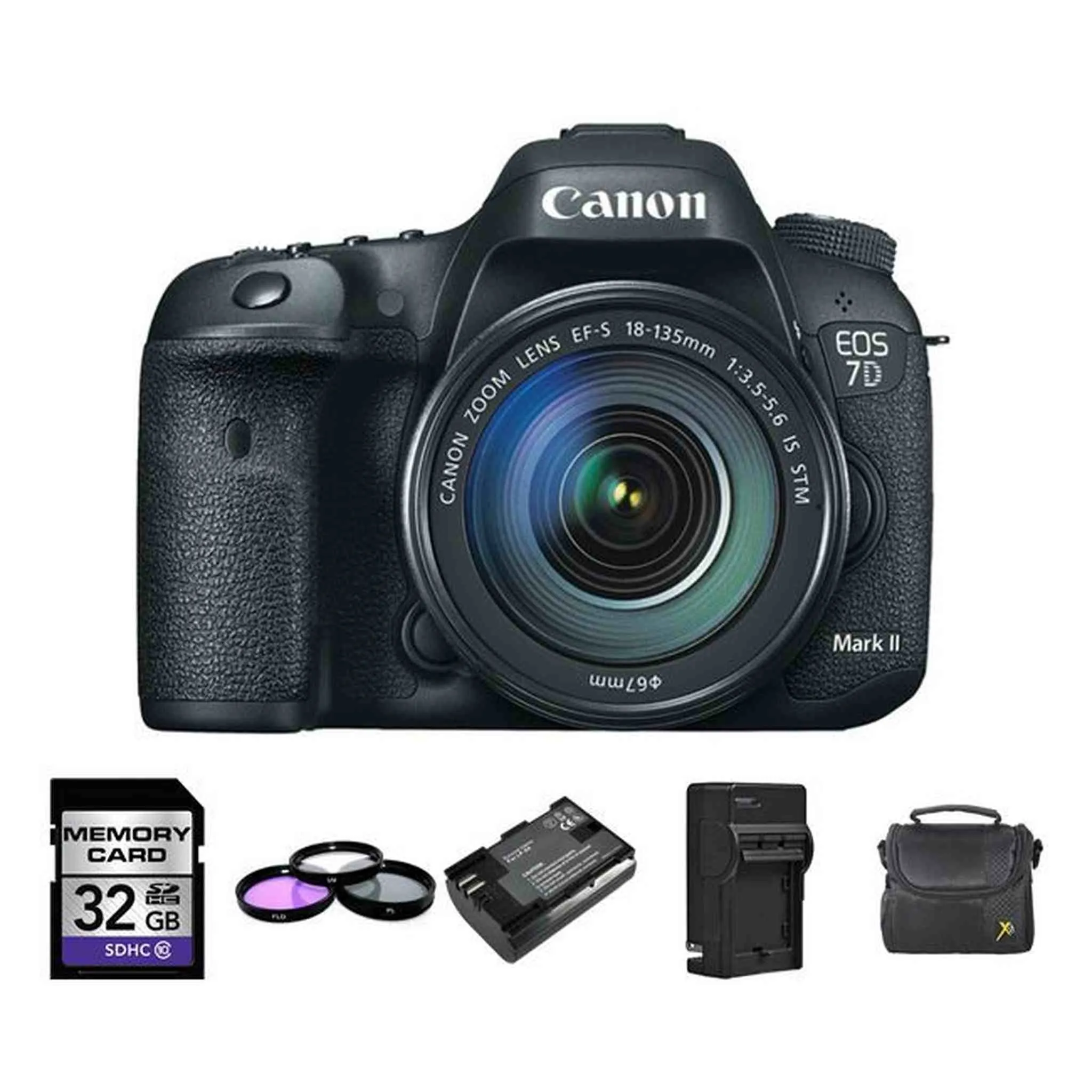 Canon EOS 7D Mark II DSLR Camera w/18-135mm   2 Batteries, 32GB, Flash Bundle