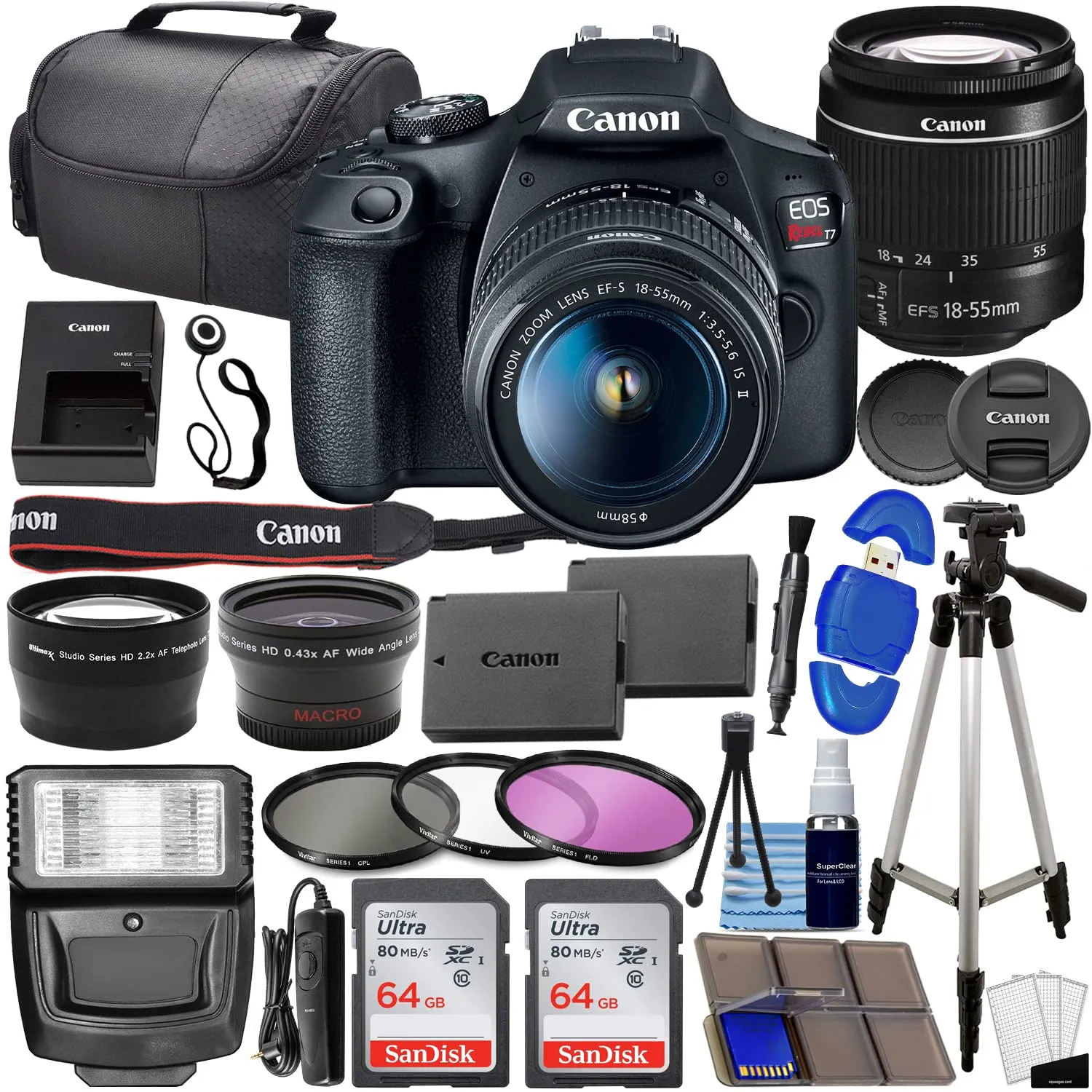 Canon EOS Rebel T7 DSLR Camera Bundle w/ Canon EF-S 18-55mm f/3.5-5.6 is II Lens   2pc SanDisk 64GB Memory Cards, Wide Angle Lens, Telephoto Lens, 3pc Filter Kit   Accessory Kit
