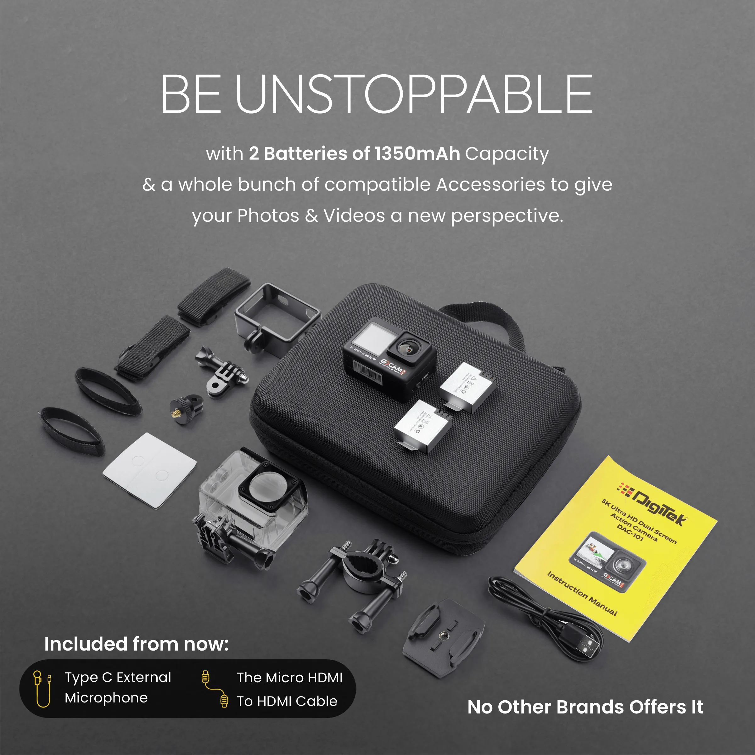 Digitek GoCAM (DAC-101) 5K 30FPS 48MP WiFi Ultra HD Sports Action Camera| Dual TouchScreen|6-Axis Gyro EIS Stabilization | MIC Support  Waterproof | 2 Batteries (Black)