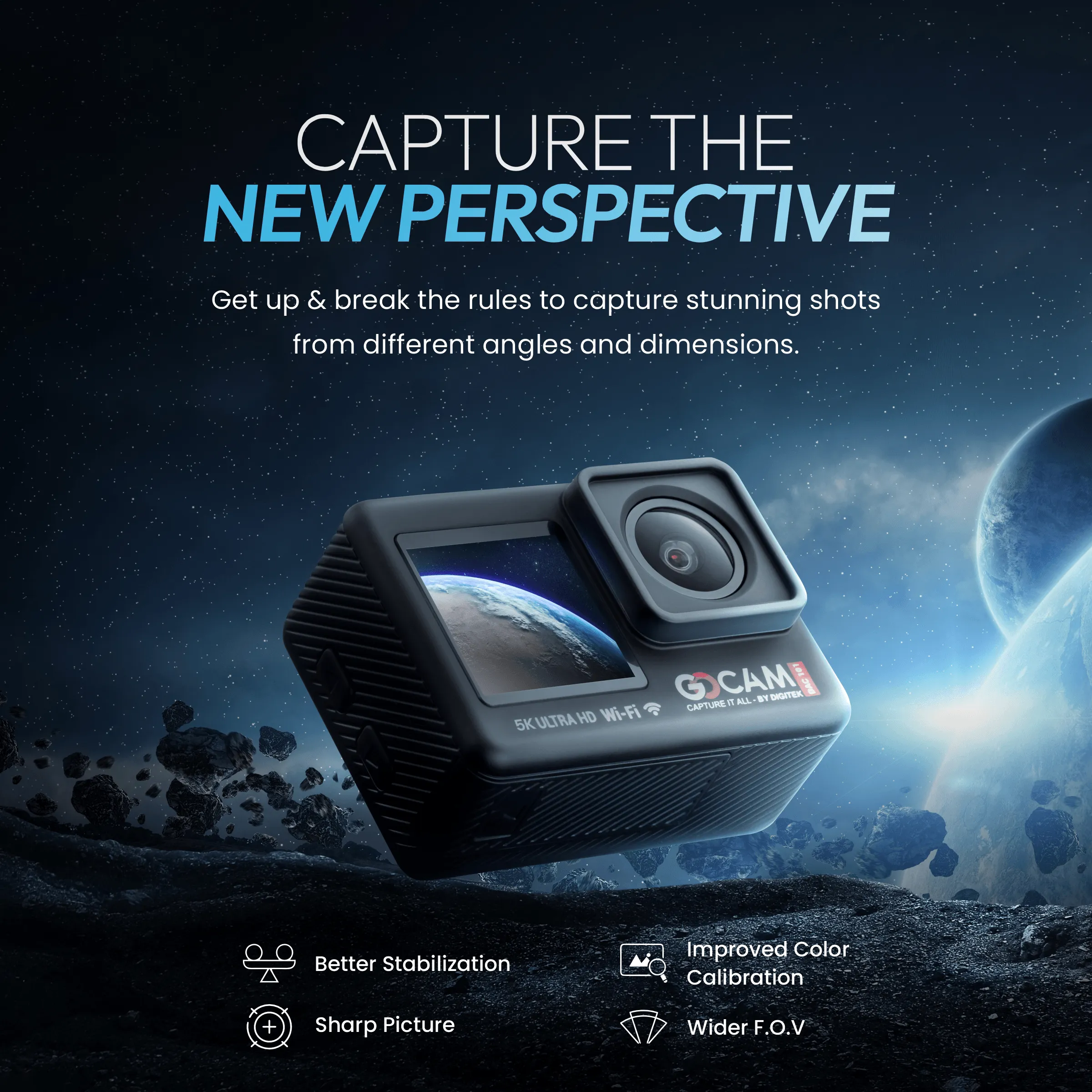 Digitek GoCAM (DAC-101) 5K 30FPS 48MP WiFi Ultra HD Sports Action Camera| Dual TouchScreen|6-Axis Gyro EIS Stabilization | MIC Support  Waterproof | 2 Batteries (Black)