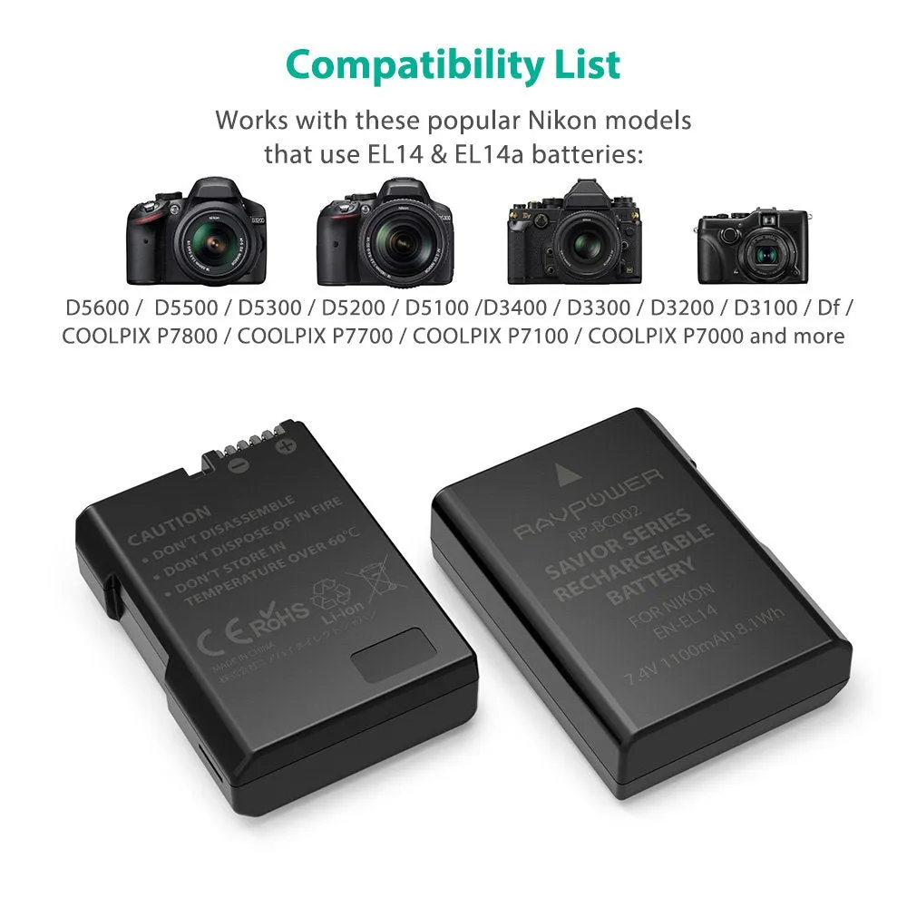 EN-EL14 Battery Charger & 2-Pack Rechargeable Li-ion Batteries
