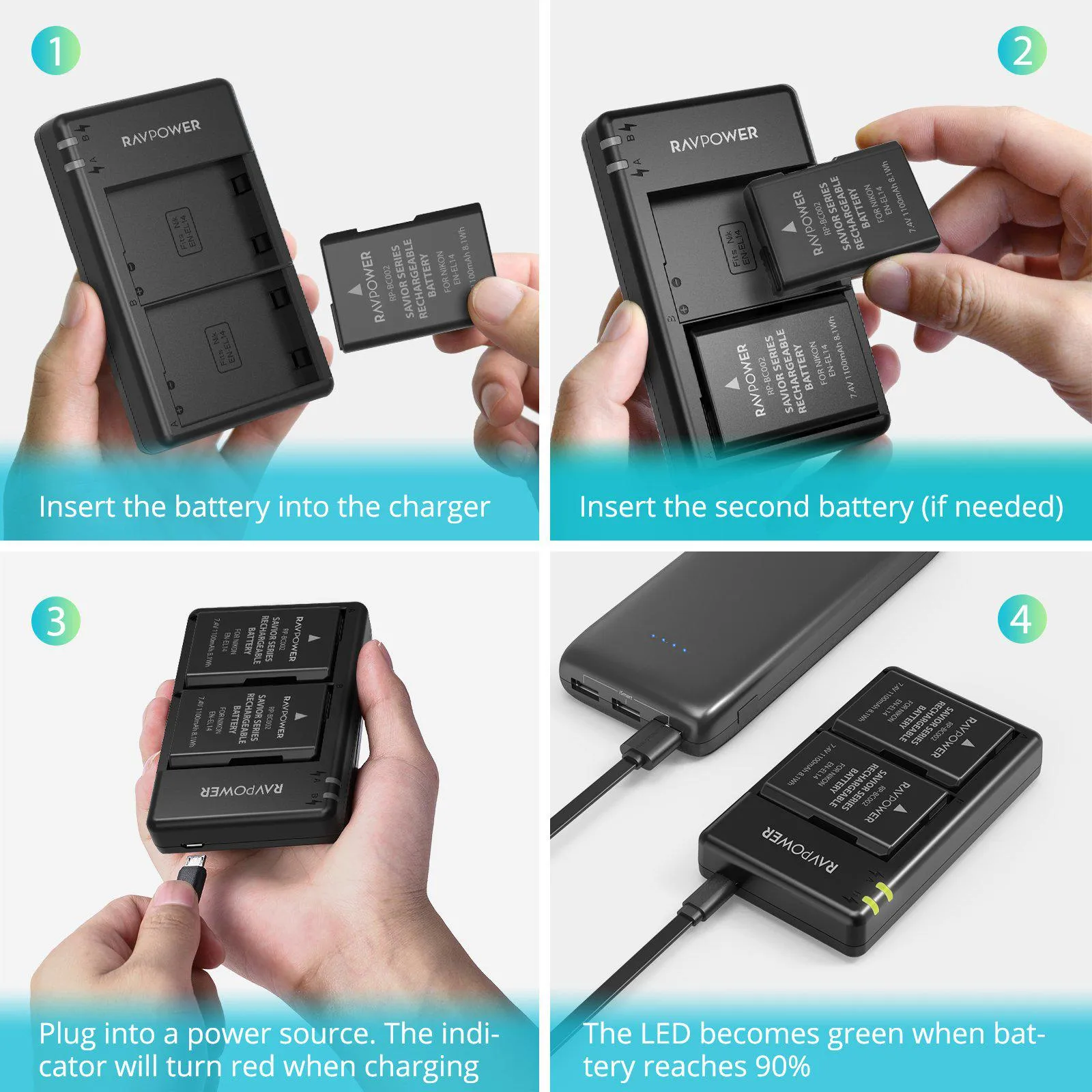 EN-EL14 Battery Charger & 2-Pack Rechargeable Li-ion Batteries