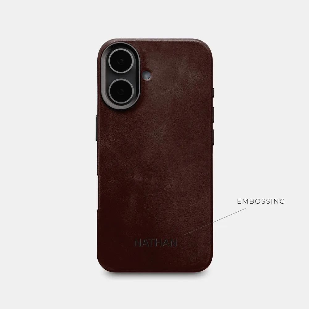 iPhone 16 Leather Shell Case Metal, MagSafe - Dark Brown