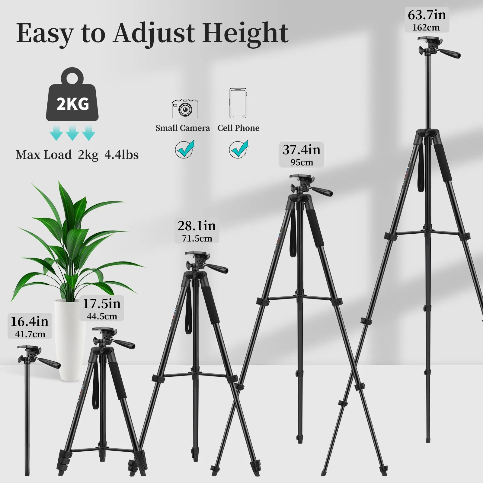 JOILCAN Phone Tripod for iPhone 63inch/161cm, Aluminum Extendable Mobile Phone Tripod Stand with Wireless Remote Shutter, Lightweight Selfie Stick Tripod for Smartphone/Small Camera，for Android/iOS(EU)