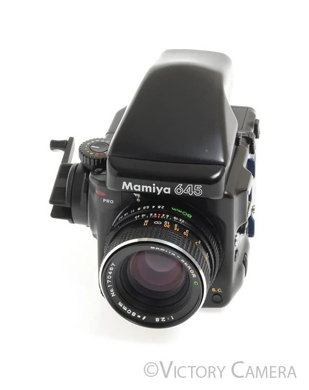 Mamiya 645 Pro Camera Eye Level Prism w/ 80mm Lens & 120 Back -Clean-
