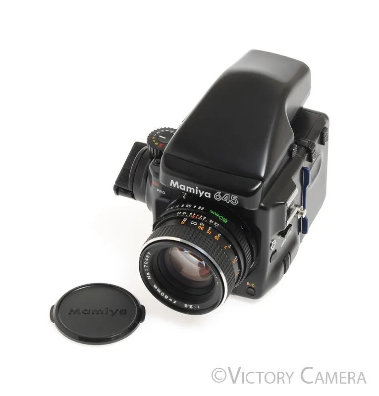 Mamiya 645 Pro Camera Eye Level Prism w/ 80mm Lens & 120 Back -Clean-
