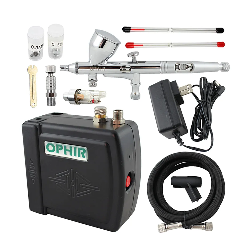 OPHIR 100V-240V Mini Air Airbrush Compressor Kit 3 Tips Dual-Action Airbrush for Model Crafts Painting Cake Decoration