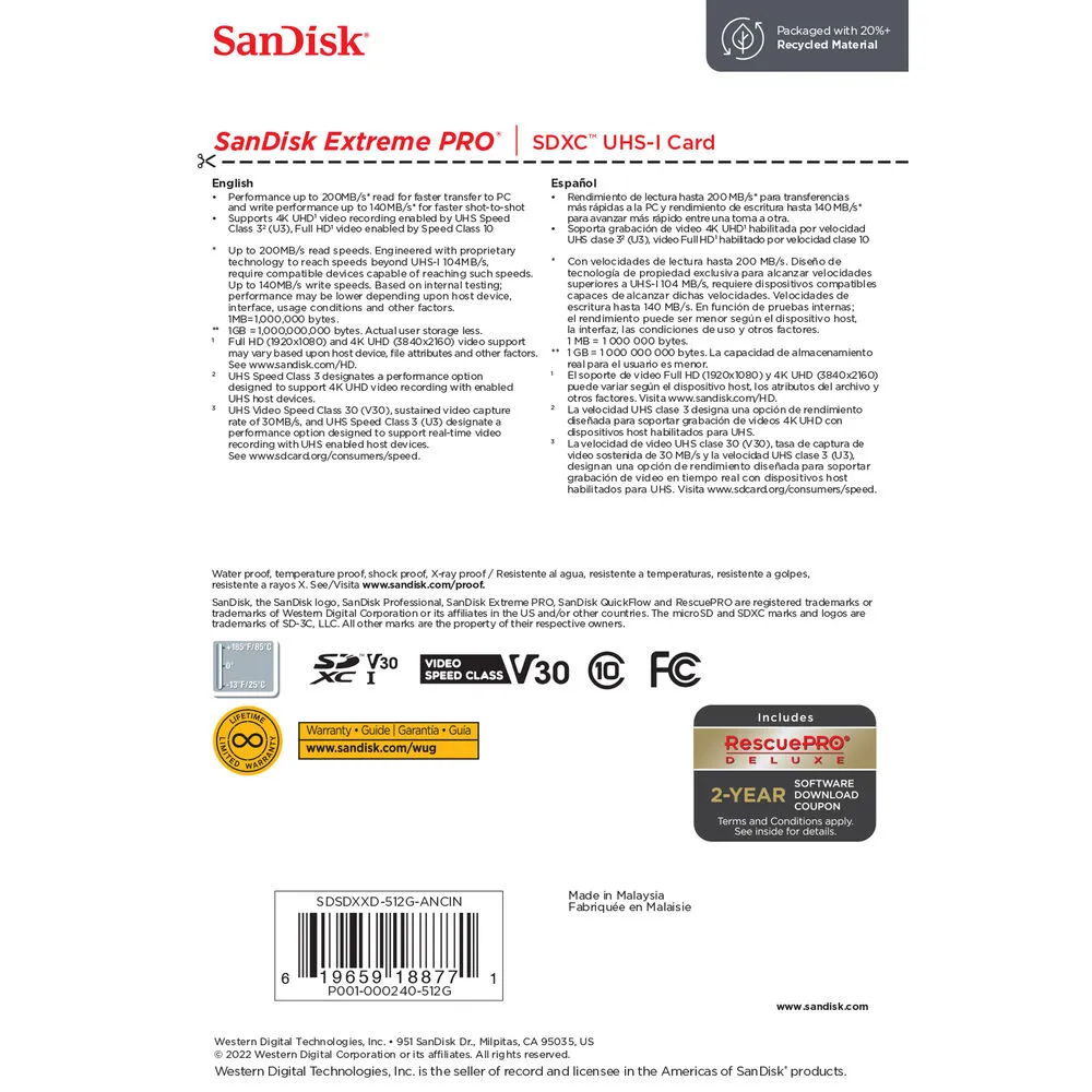 SanDisk Extreme Pro SD Card 512GB UHS-I SDXC Class 10, 200MB/s Read Speed V30 | Model - SDSDXXY-512G-GN4IN