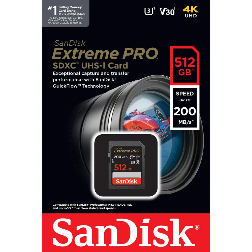 SanDisk Extreme Pro SD Card 512GB UHS-I SDXC Class 10, 200MB/s Read Speed V30 | Model - SDSDXXY-512G-GN4IN
