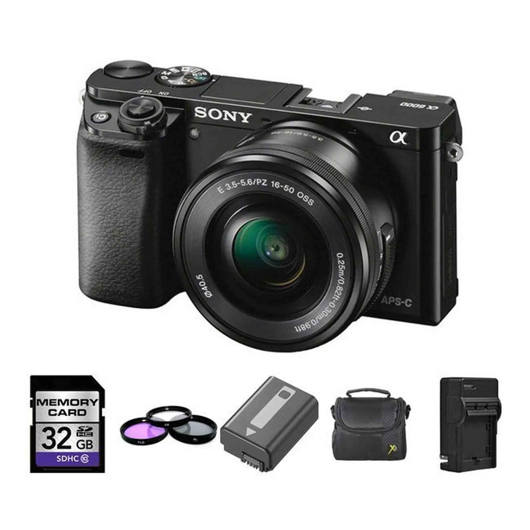 Sony A6000 Digital Camera w/16-50mm Lens - Black   2 Batteries, 32GB Bundle