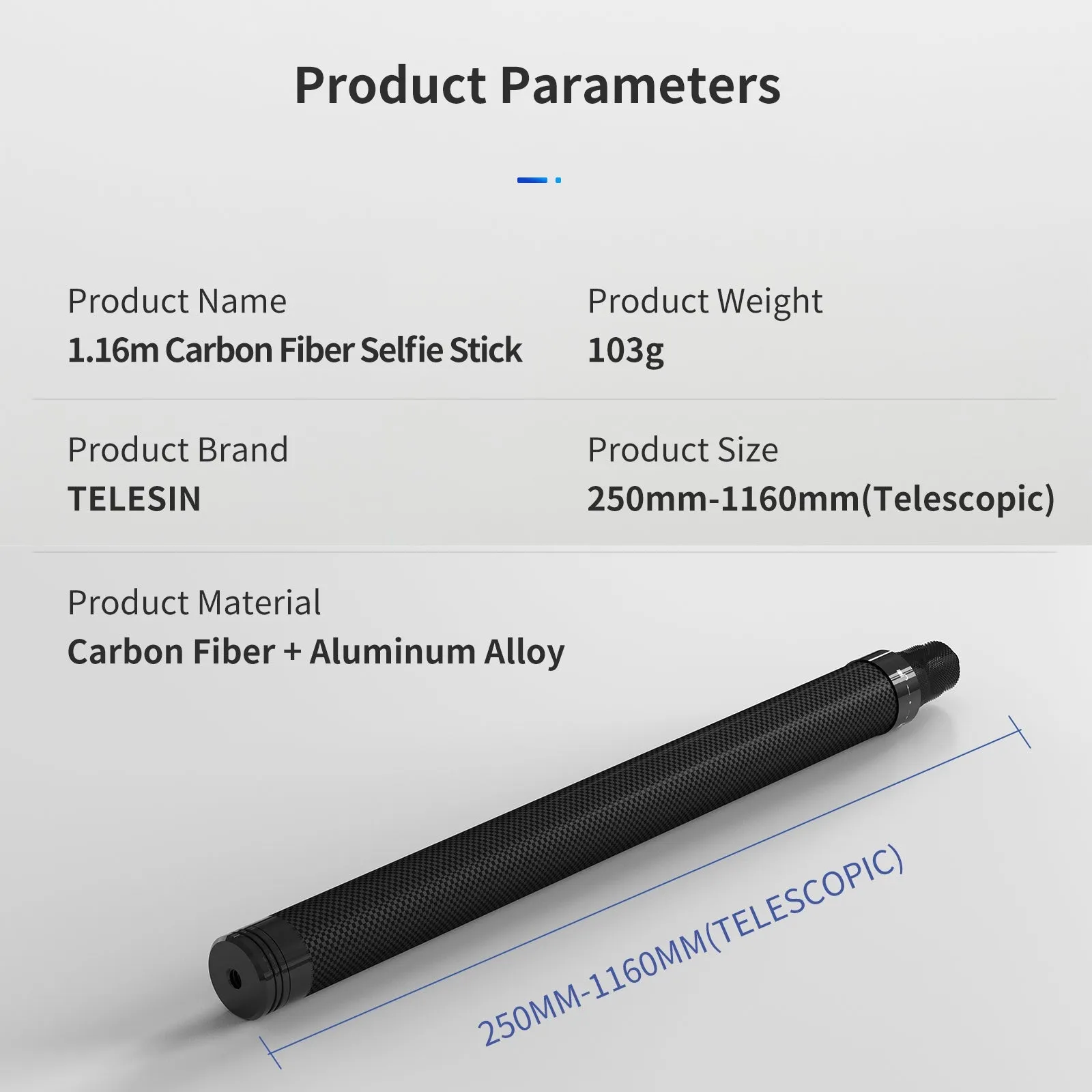 TELESIN 1.16m Carbon Fiber Selfie Stick