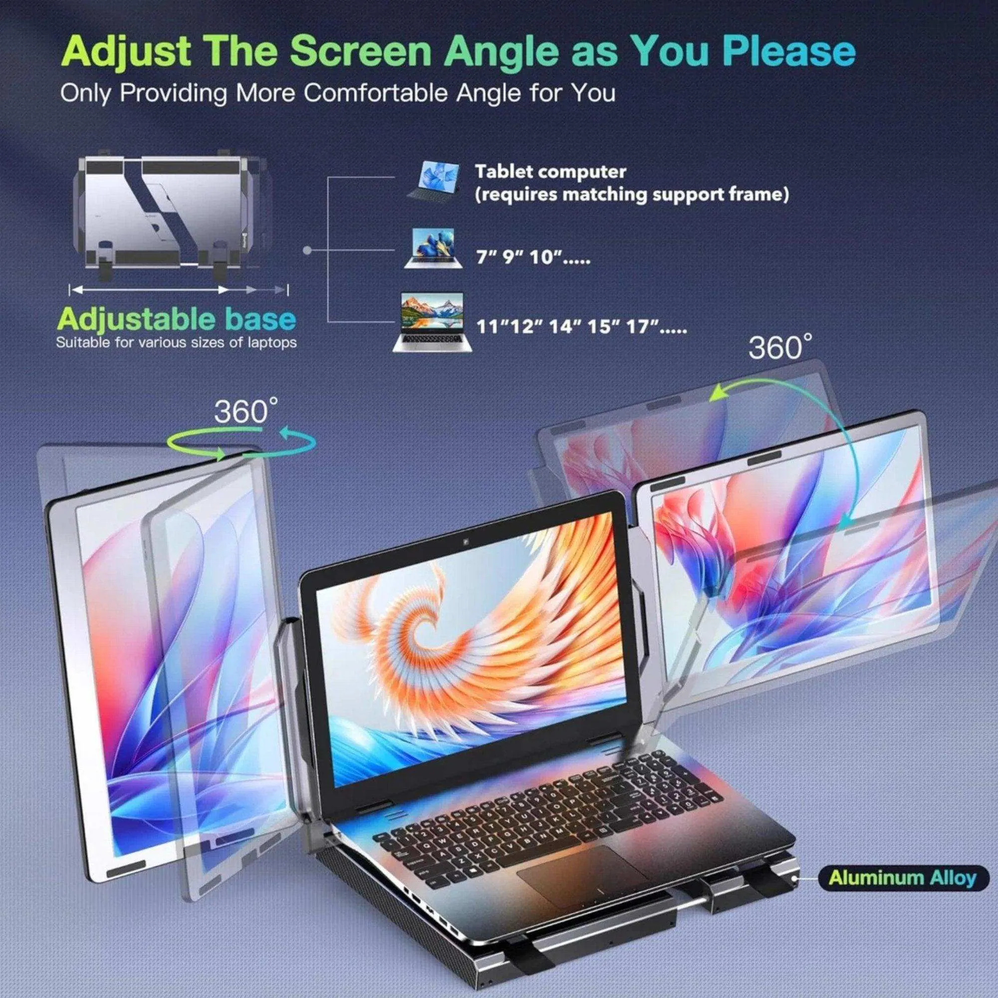 TUTT 14'' Portable Dual Laptop Monitor Triple Screen Extender | Laptop Cooling Base | 360° Rotation Stand | F3 for 12-17” Laptop Built-In Speaker | Technical Support Line
