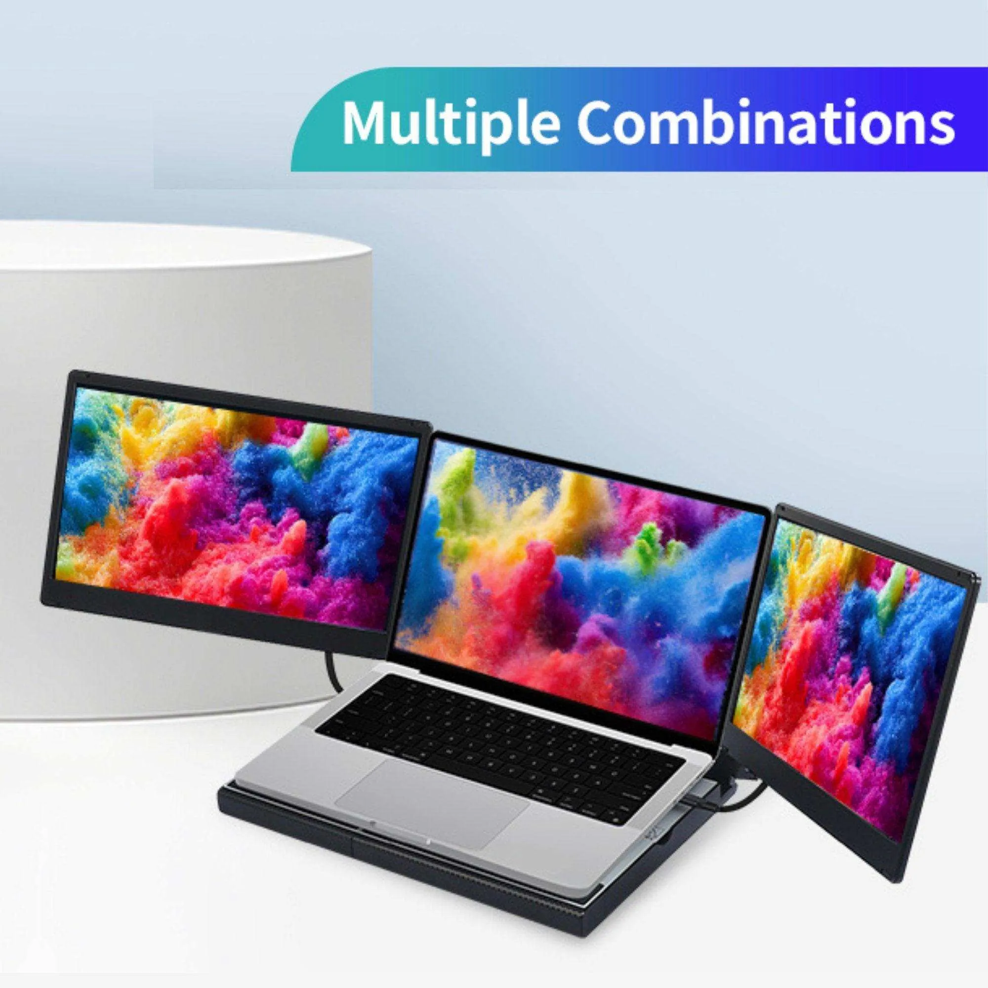 TUTT 14'' Portable Dual Laptop Monitor Triple Screen Extender | Laptop Cooling Base | 360° Rotation Stand | F3 for 12-17” Laptop Built-In Speaker | Technical Support Line