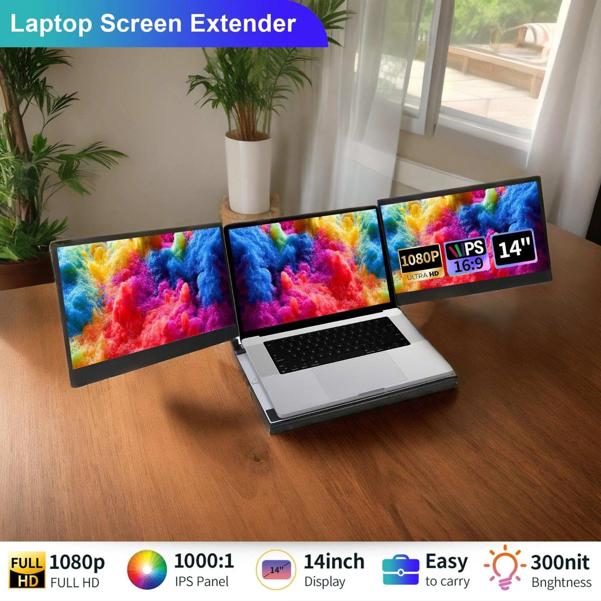 TUTT 14'' Portable Dual Laptop Monitor Triple Screen Extender | Laptop Cooling Base | 360° Rotation Stand | F3 for 12-17” Laptop Built-In Speaker | Technical Support Line