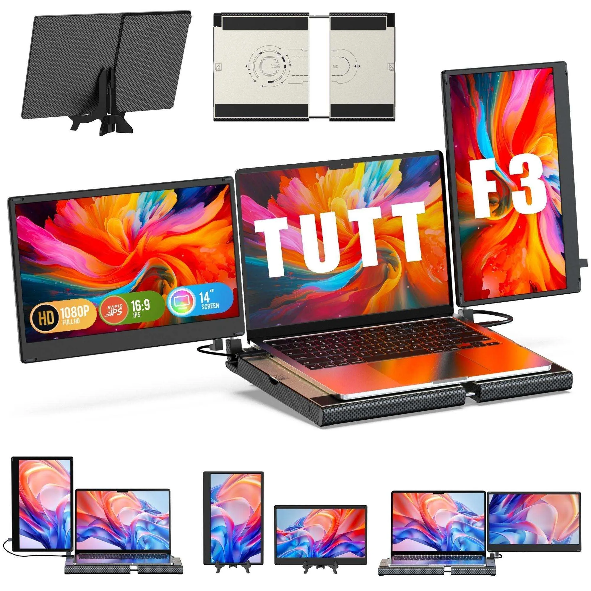 TUTT 14'' Portable Dual Laptop Monitor Triple Screen Extender | Laptop Cooling Base | 360° Rotation Stand | F3 for 12-17” Laptop Built-In Speaker | Technical Support Line