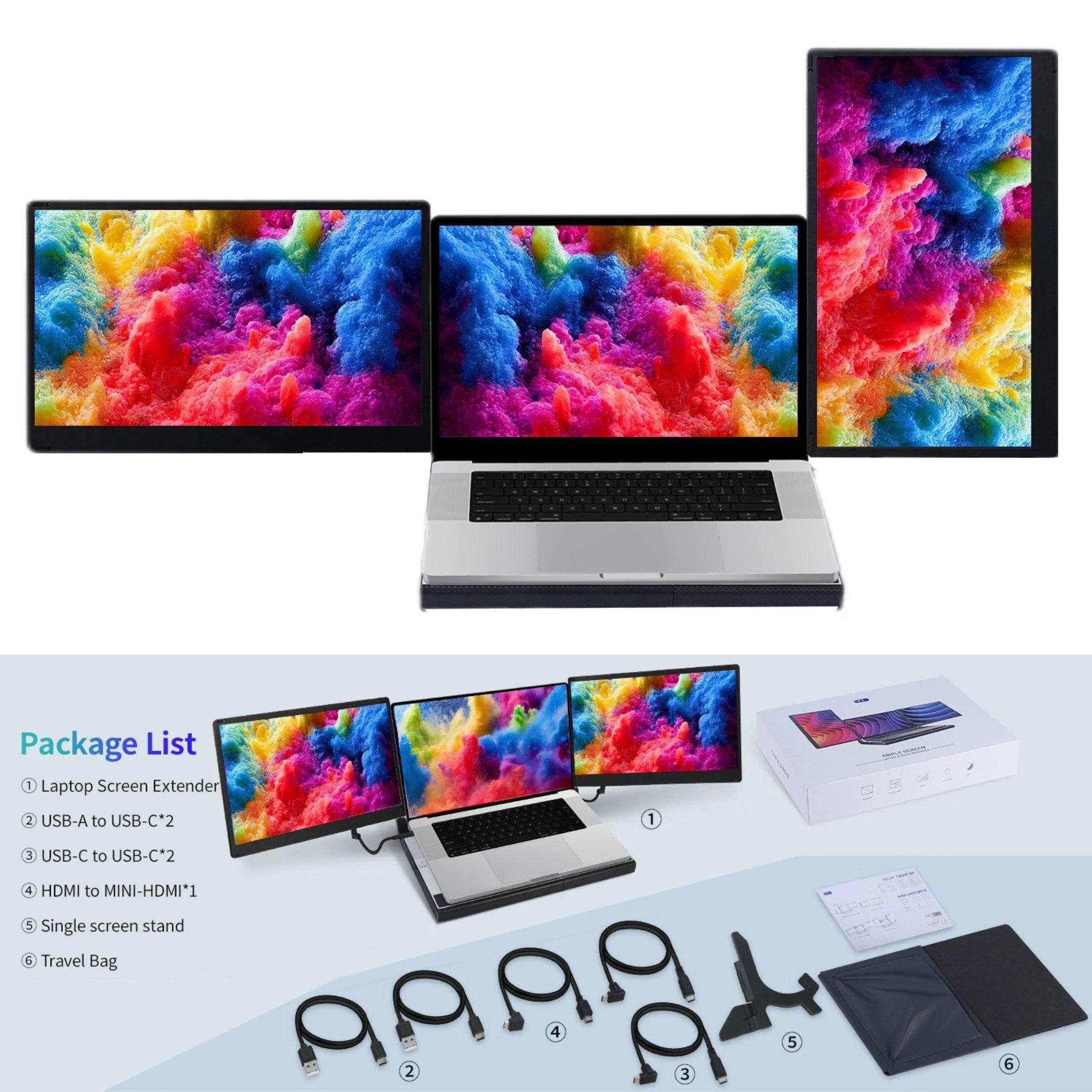 TUTT 14'' Portable Dual Laptop Monitor Triple Screen Extender | Laptop Cooling Base | 360° Rotation Stand | F3 for 12-17” Laptop Built-In Speaker | Technical Support Line