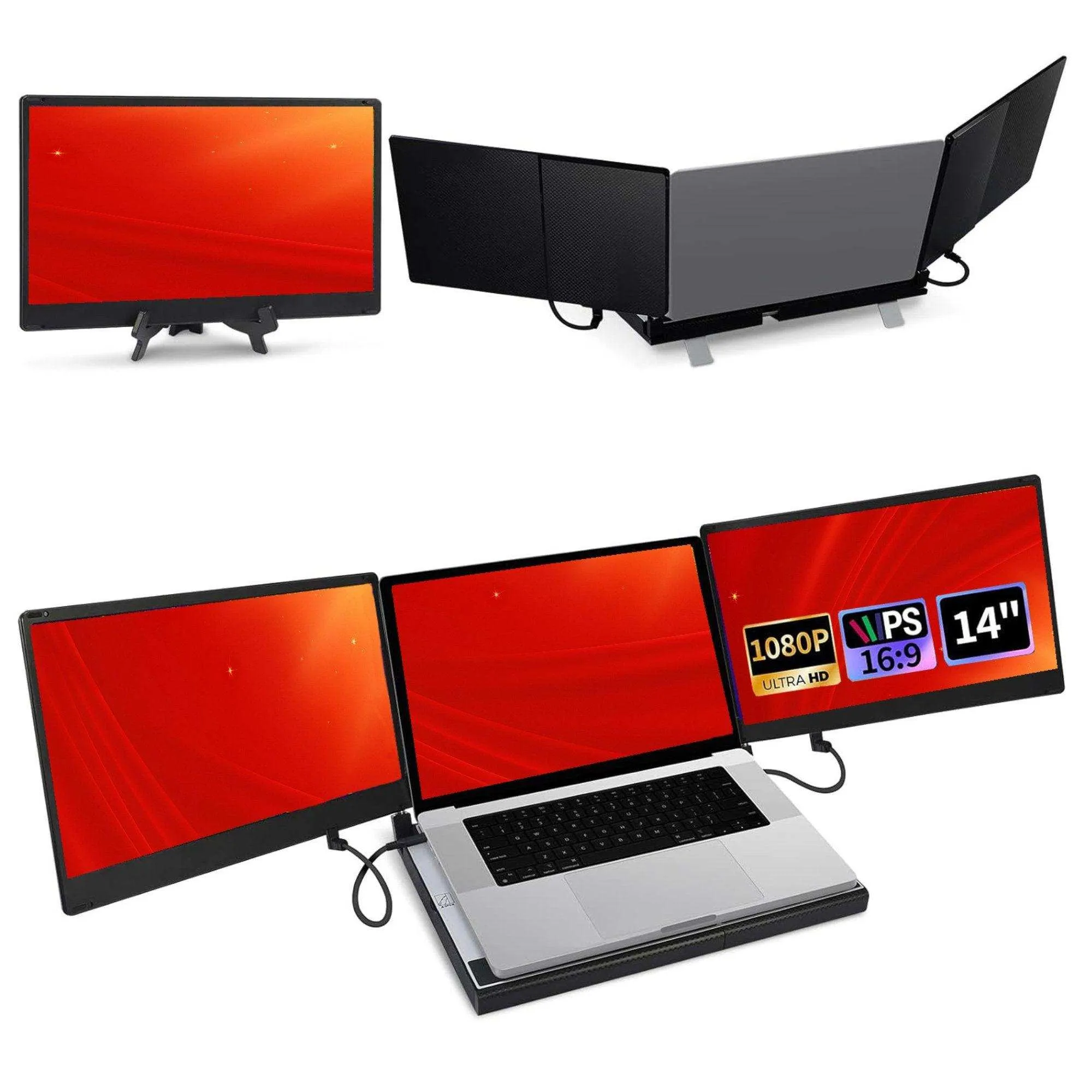 TUTT 14'' Portable Dual Laptop Monitor Triple Screen Extender | Laptop Cooling Base | 360° Rotation Stand | F3 for 12-17” Laptop Built-In Speaker | Technical Support Line