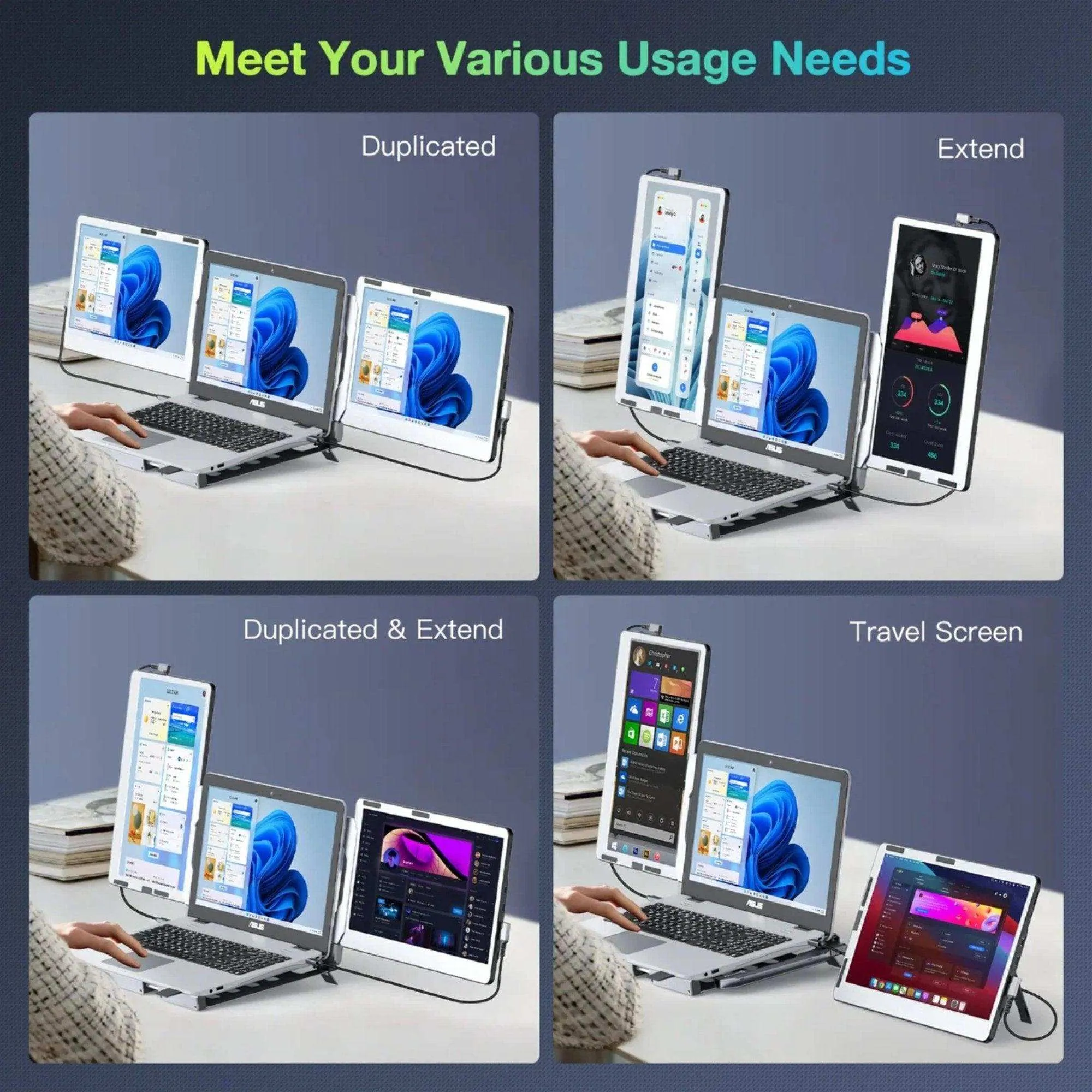 TUTT 14'' Portable Dual Laptop Monitor Triple Screen Extender | Laptop Cooling Base | 360° Rotation Stand | F3 for 12-17” Laptop Built-In Speaker | Technical Support Line